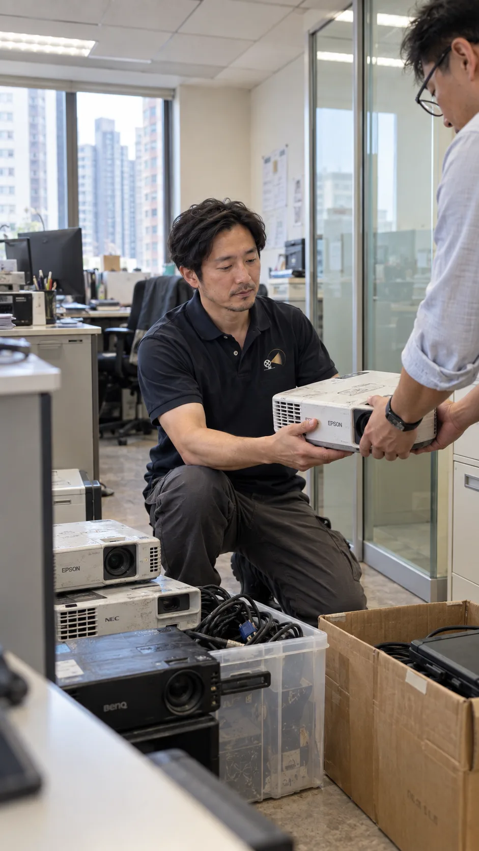 工作人員在辦公室現場收取退役投影機