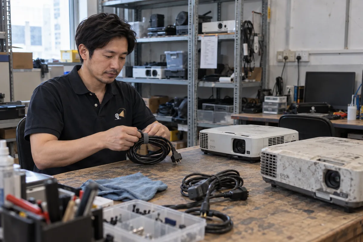 技師在工作枱整理投影機電源線